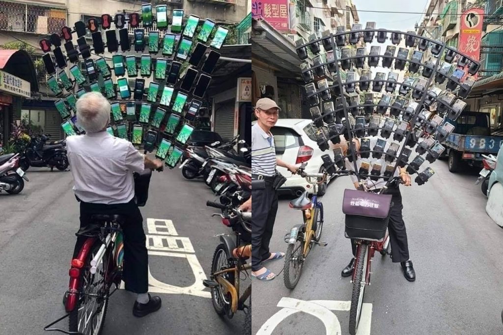 鐵馬上宛若孔雀開屏的六十幾支手機抓寶阿伯(圖片來源:聯合新聞網,取自爆廢公社公開版截圖)